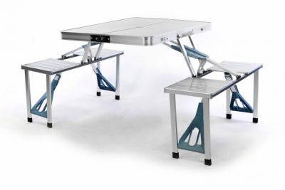 Masă pliabilă din aluminiu cu bănci integrate